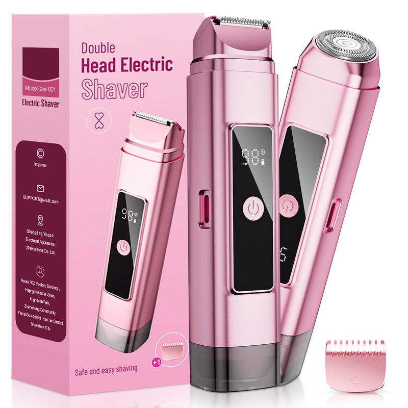 Dynooper Electric Bikini Trimmer for Women: IPX7 Waterproof Dual Head Cordless Electric Shaver for Women with LED Display & 0.5mm Ceramic Blades for Pubic Hair, Face - Rose Pink