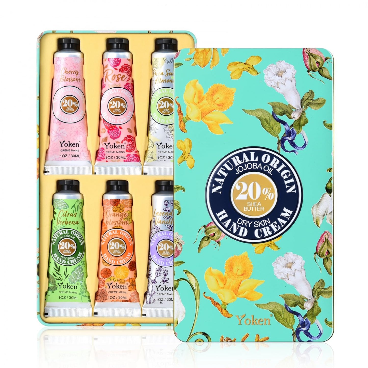 Yoken 20% Shea Butter Hand Cream Gift Set - Nourishing Moisturizer for Dry Hands | 6-Piece Tin Set in Almond, Citrus Verbena & Floral Scents, 6 x 1 OZ