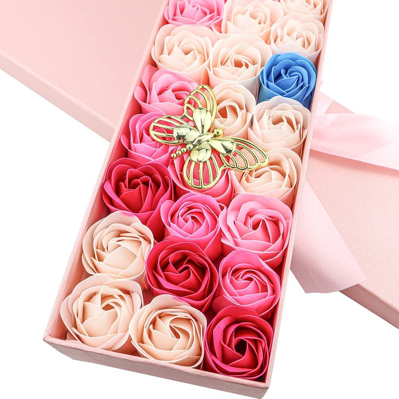 33 PCS Floral Scented Bath Soap Rose Flower Petals, JIALEEY Plant Essential Oil Rose Soap Set Gifts Ideas for Her Women Girls Mom Valentine's Day, Pink Gift Box