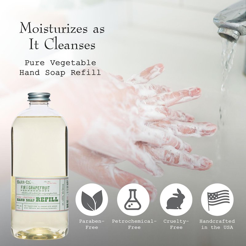 BARR-CO. Hand Soap Refill – Natural Liquid Soap with Moisturizing Botanicals, Vegan & Plant-Based, Refreshing Citrus & Balsam Scent, for Kitchen & Bathroom, Fir & Grapefruit 32fl oz