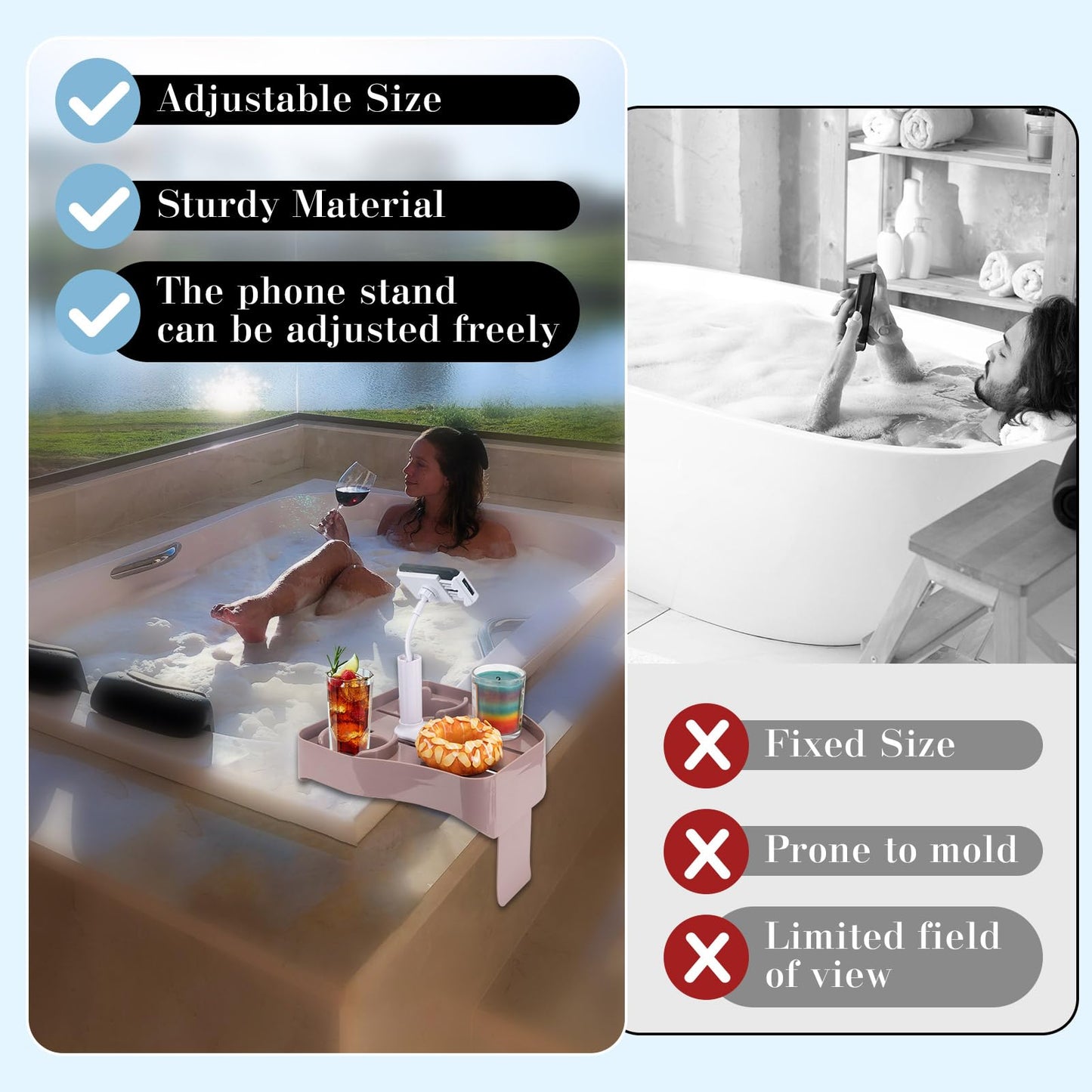 PIRXXIY Hot Tub Table Tray with Adjustable Phone Holder, Inflatable Hot Tub Accessories with 2 Drink Holders, Fits Outdoor Inflatable Spa/Pool, Idea Gifts for Women and Parents