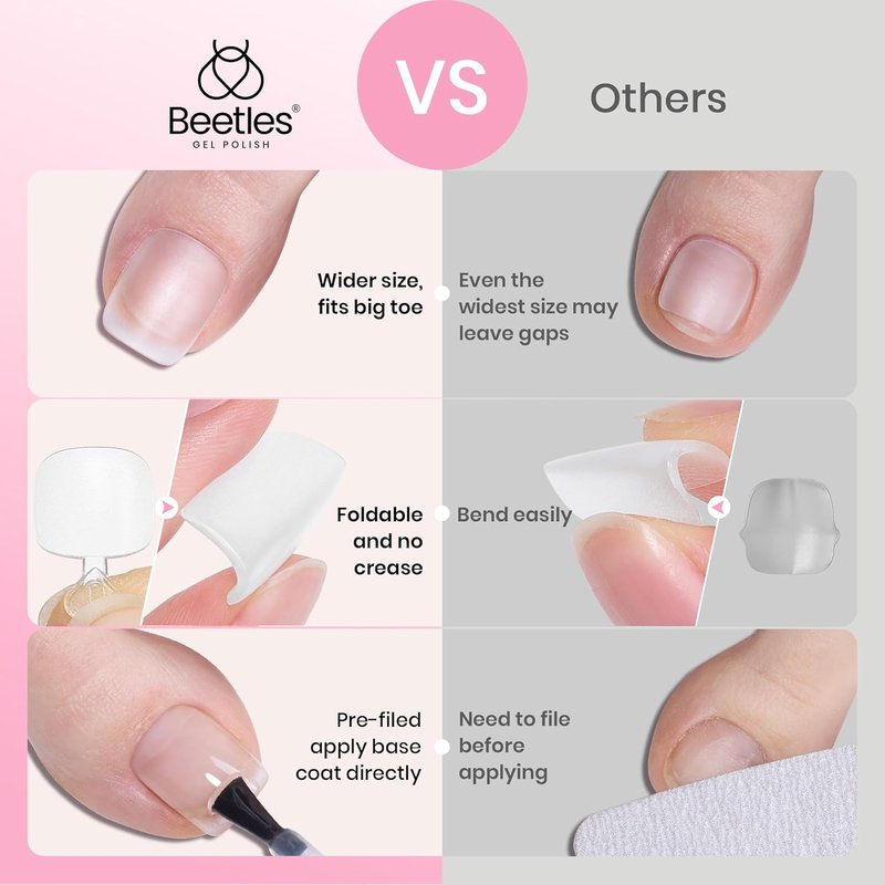 Beetles Toe Nail Tips - Square Full Cover Acrylic Extensions | 180 Pcs in 15 Sizes for Big Toes & Wide Nail Beds
