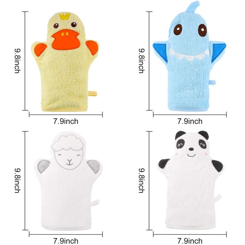 Shappy 4 Pieces Baby Bath Mitt Washcloths Gloves Panda Toddler Soft Washcloths for Kids Designed in Cute Animal Yellow Duck Shark Sheep Cotton Towel Gentle Scrub for Baby Girl Boy Bath Shower