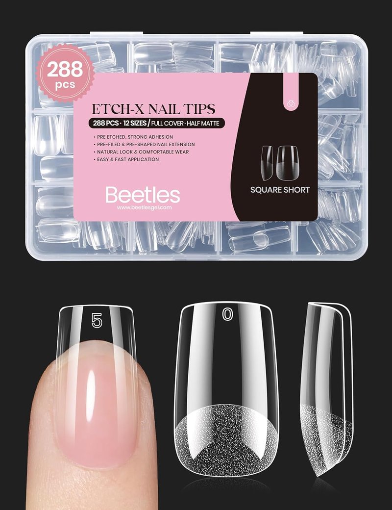 Beetles Gel Nail Tips - Pre-Etched Half Matte Square Short | 288 Pcs in 12 Sizes for Easy DIY Nail Extensions