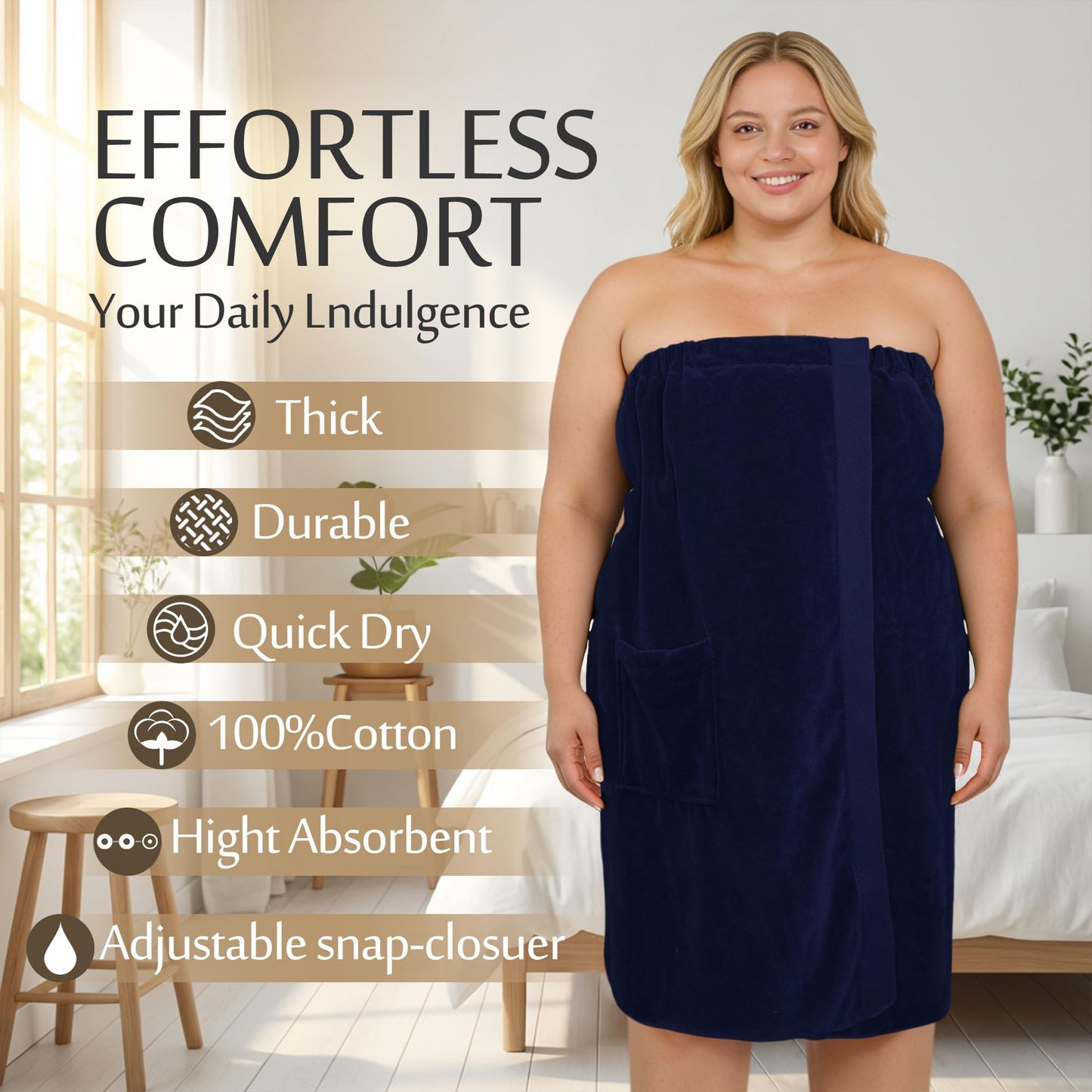VOOVA & MOVAS Navy Blue Plus Size Wrap Towel with Pocket, 100% Cotton, LuxuryThick Absorbent Quick Dry Bath Wrap with Adjustable Snap-Closure and Elastic Top for Women Shower Spa