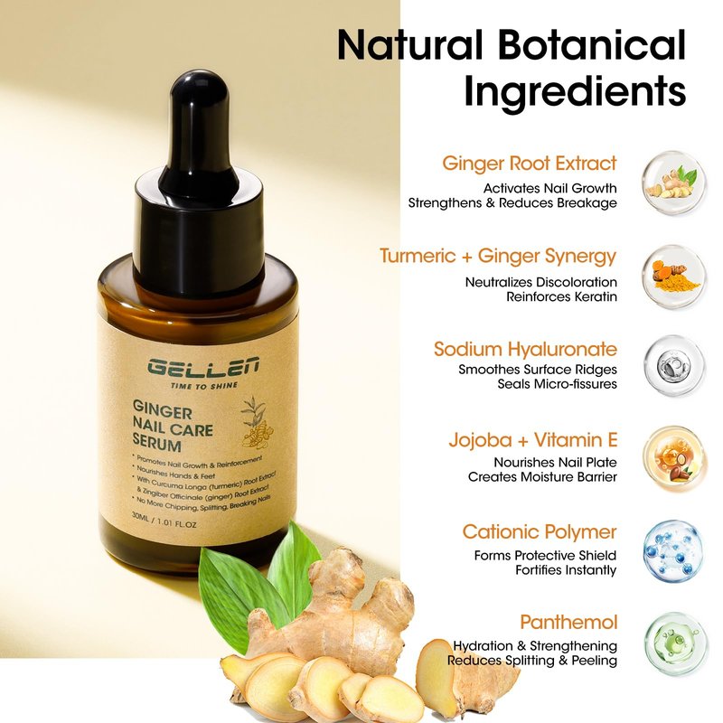 Gellen 7-14 Days Ginger Nail Growth Serum for Nail Strengthener and Growth, Nail Repair Treatment for Weak Brittle Splitting Damaged Nails, Hydrated & Nourished Nail Care Solution for Hands & Feet