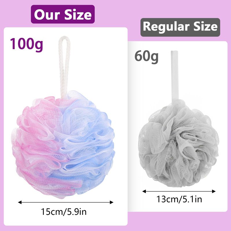 6 Pack Bath Loofah Sponge, 100g/pc XXL Large Mesh Pouf Shower Sponge Exfoliating Body Scrubber Shower Scrunchies