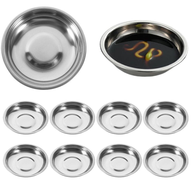 Hemoton 10Pcs Stainless Steel Sauce Dishes 3.93 Inch Round Mini Plates for Condiments Mustard Appetizers Bbq Sushi Snack Serving Home Restaurant