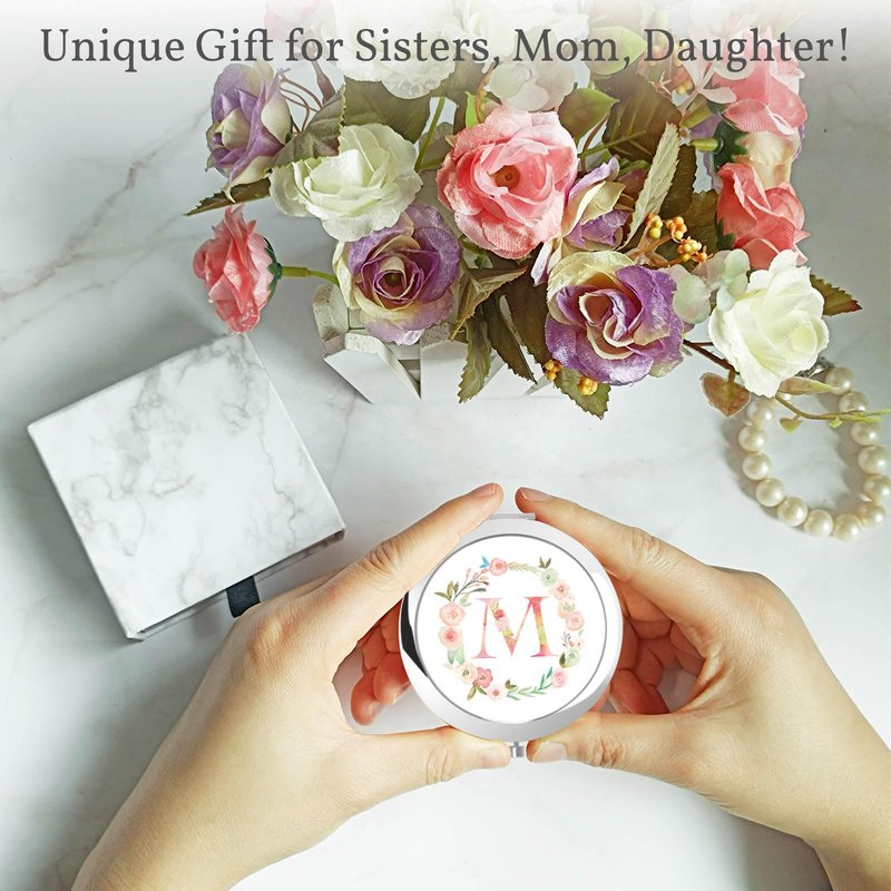 boutikpro Personalized Gift Initial Compact Mirror w Box for Women Sister Daughter Mom Wife, Floral Monogram Alphabet Silver Small Mirror Ideal Gift on Birthday, Christmas, Graduation (M, Silver)