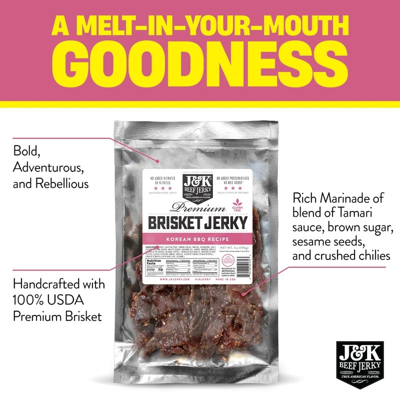 J&K Beef Brisket Jerky - Korean BBQ Flavor - Handcrafted & Tender - 7oz Big Bag