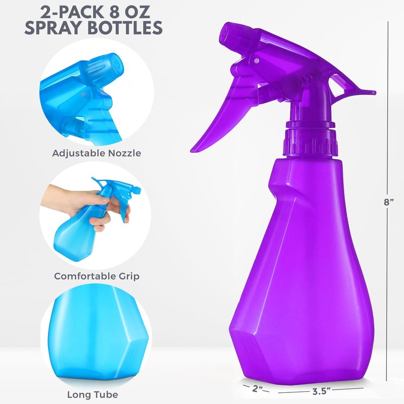DilaBee 8oz 2-Pack Empty Spray Bottles for Cleaning Heavy Duty, Small Spray Bottle for Hair, Plant Mister, Squirt Bottle for Cats, Spritzer Bottles for BBQ - Blue & Purple Water Sprayer - BPA-Free