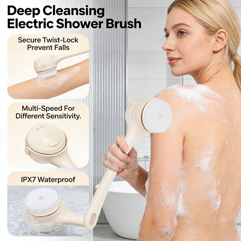 Electric Back Scrubber for Shower, Waterproof Body Brush with 4 Replacement Heads & Auto-Lock & Long Handle, 3-Speed Rechargeable Power Back Scrubber for Exfoliating & Deep Cleaning & Skin Massaging