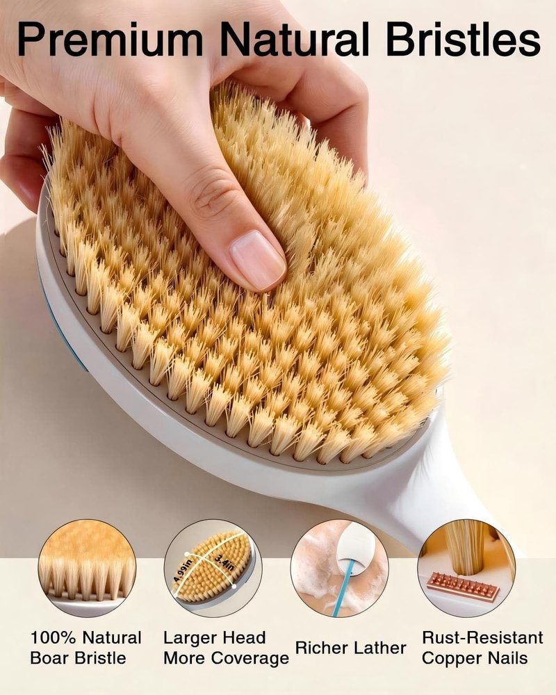 BUBBLEDANCE® Natural Boar Bristle Back Scrubber – 4X Scrubbing Power, Extendable Long Handle (17.5"-31.9") for Deep Exfoliation & Dry Brushing – 1.3X Wider Head, Anti-Slip Shower Brush for Men & Women