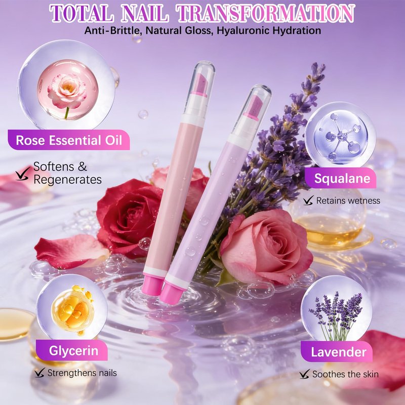 2 Packs 2-in-1 Cuticle Oil Pusher Pen, Ceramic Cuticle Pusher, Portable Nail Oil Pen for Manicure, Salon-grade Moisturizing ＆ Nourishing Nail Care (Rose Scent + Lavender Scent)