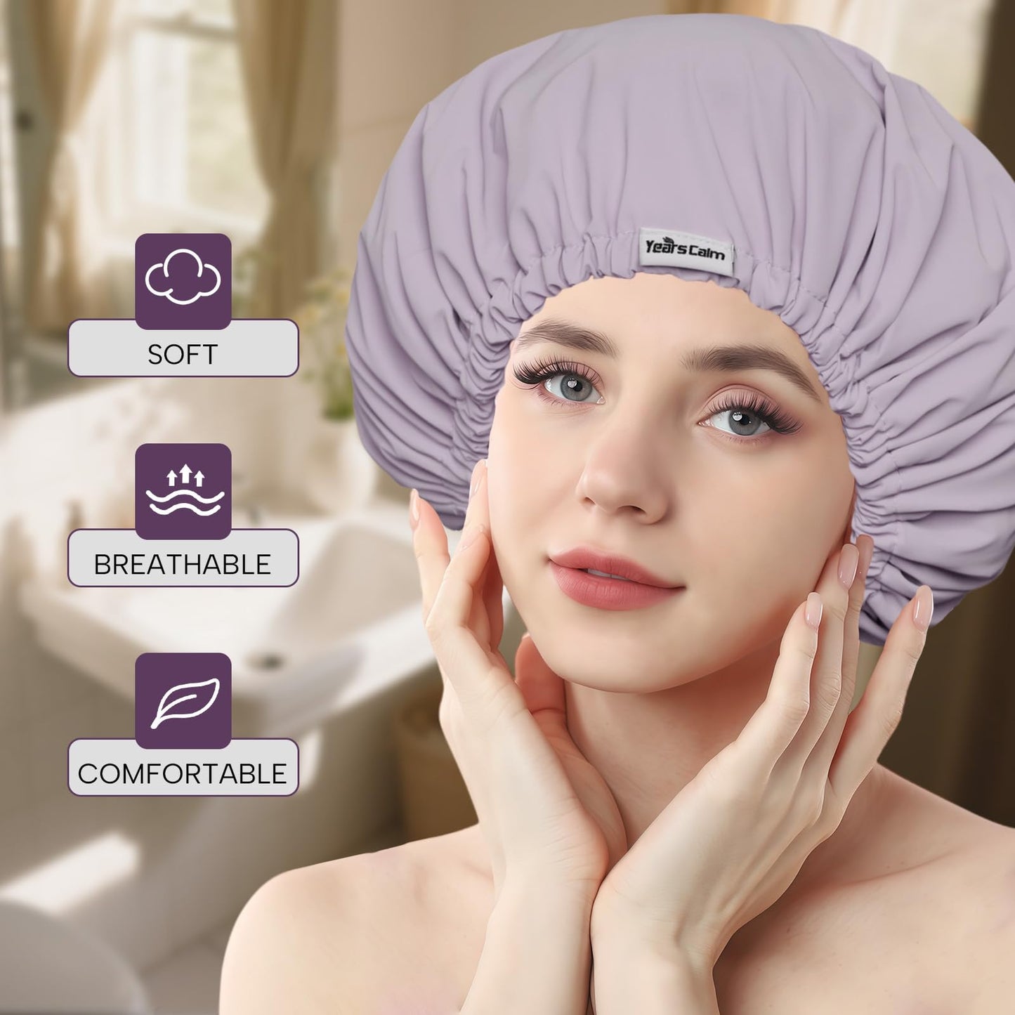 Years calm Shower Cap Reusable Waterproof, Double-Layer Hair Cap for Women, with Elastic Band, Ideal for Shower, Spa, Travel & Cleaning (Light purple, One Size)