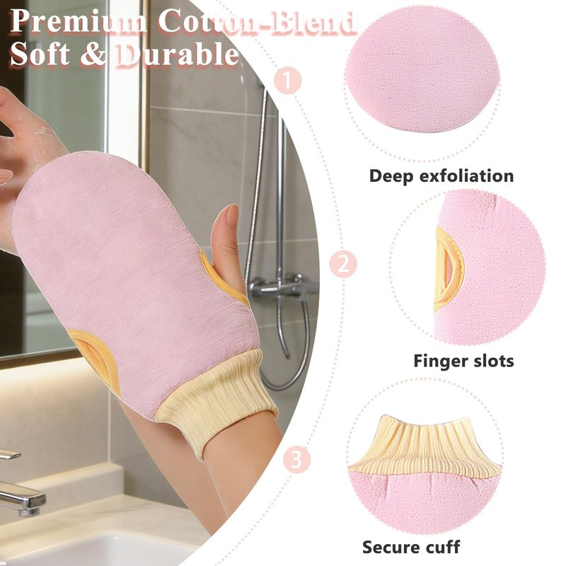 Exfoliating Glove and Back Scrubber for Shower - 3-Piece Exfoliating Mitt Set with Bath Sponge - Deep Skin Cleansing Body Scrubber for Dead Skin Removal, Self-Tan (Pink)