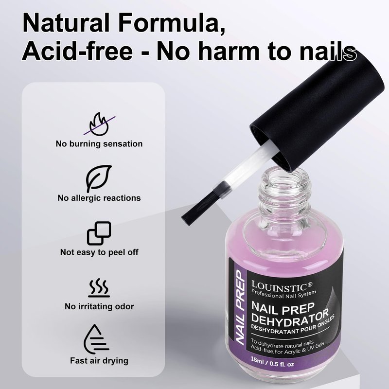 LOUINSTIC Nail Prep Dehydrator and Acid-Free Primer, Quick-Dry & Safe for Nails, for UV Gel, Acrylic, Gel Nail Polish & Press-On Nails Hema-Free – Professional Salon & DIY Manicure Kit, 15ml