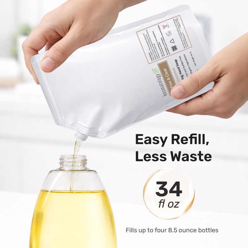 kosmatology Organic Foaming Hand Soap Refill | Free & Clear Moisturizing Hand Wash | Clean Ingredients, Free of Artificial Scent and Essential Oils (34 fl oz)
