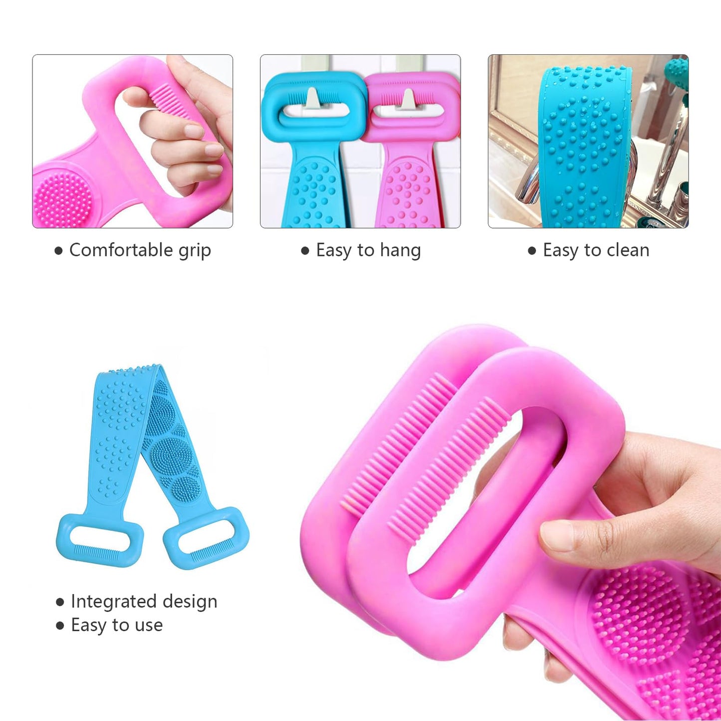ICSTM Back Scrubber for Shower,2 Pcs Silicone Back Scrubber for Shower, Silicone Exfoliating Bath Body Brush with Handle for Mens and Womens (Blue/Purple)