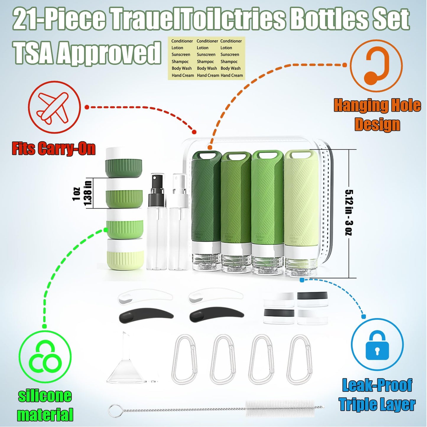 Udihch 26 Pcs TSA Approved Travel Toiletry Bottles Set, Leakproof Silicone Refillable Travel Containers with Hanging Hole & Carabiner, Portable Essentials, for Shampoo Conditioner Lotion Body Wash