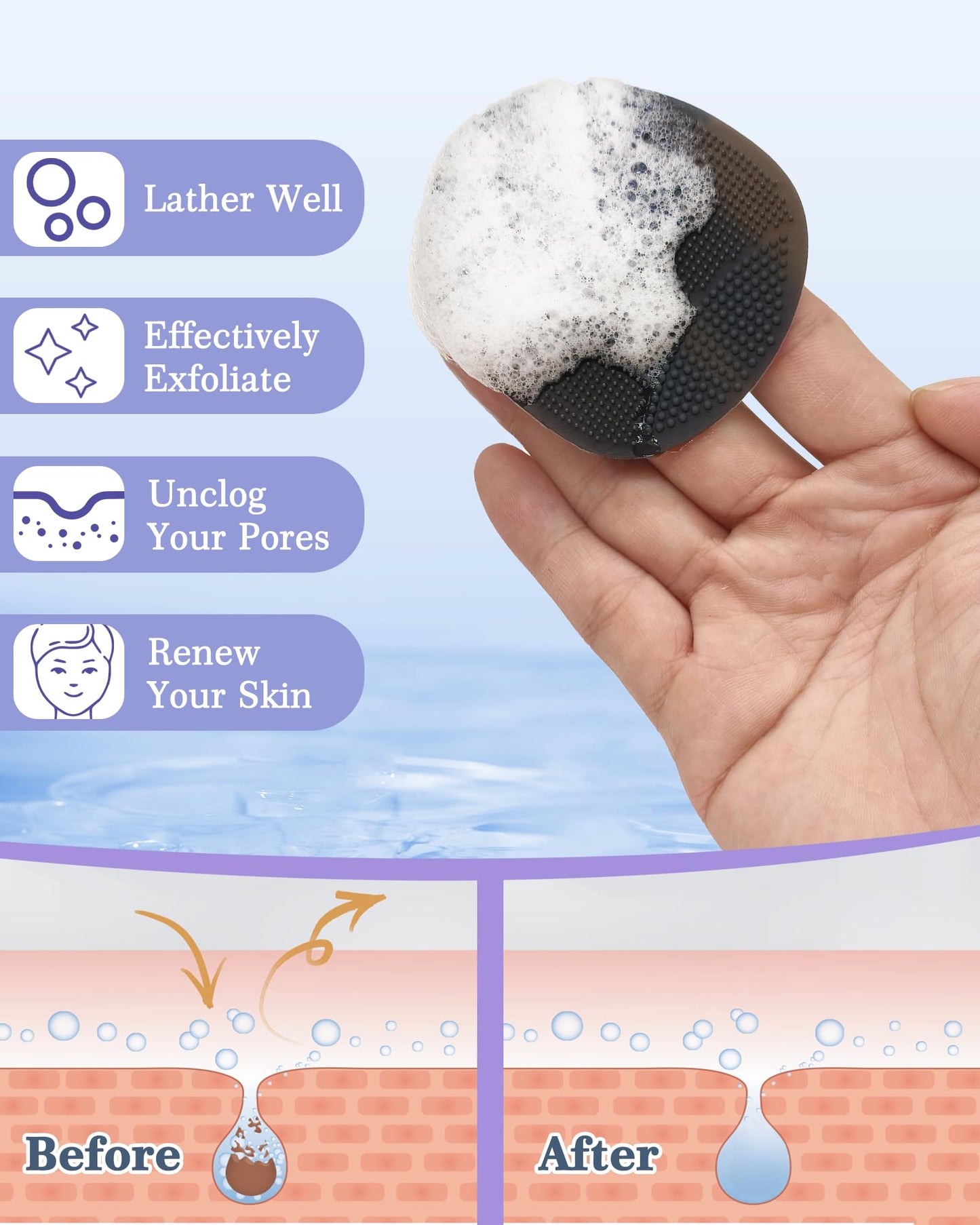 Manmihealth Silicone Back Scrubber & Soft Shower Brush, Silicone Scalp Massager, Wooden Foot Files Brush Set 7 PCS, Whole Body Scrubber & Shampoo Brush Combination, with 4 Free Hooks (Style 2 Black)