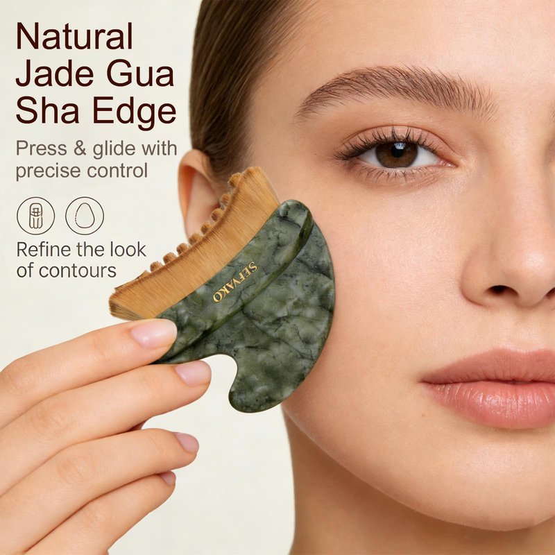 Lymphatic Contour Face Brush Set with Gua Sha Face Oil, Dual-Ended Dry Brush+Jade Gua Sha Edge, 0.075mm Ultra-Soft Bristles Gua Sha Facial Tools, for Lymphatic Drainage, De-Puff, Sculpt, Smooth & Glow