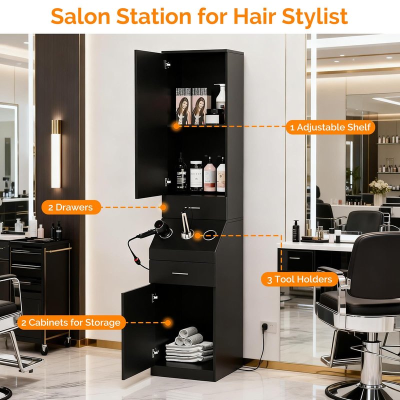 OmySalon Salon Station, Barber Stations with 2-Tier Storage Shelf with Door, Hair Styling Storage Cabinet with 2 Drawer, a Large Storage Cabinet & 3 Hot Tool Holders, Black