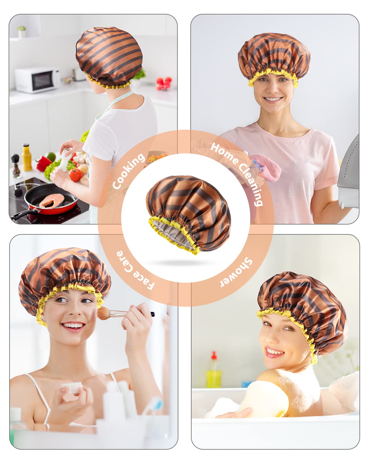 mikimini Shower Cap for Women and Men,2 Pack Double Waterproof Shower Cap for Girls and Kids, Reusable, Washable, Golden Stripes Fashionable Shower Caps Medium Pack of 2 Stripe