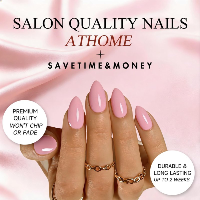 Baby Pink Press On Nails Short Almond, Bright Pink Fake Nails with Glue, Neutral Glossy Stiletto Stick Glue on Nails Kit for Women, Reusable UV Finish Acrylic False Nail Set, 30 Pcs
