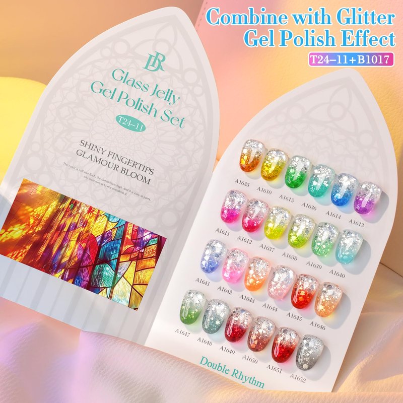 Double Rhythm 28Pcs 0.5Oz Gel Nail Polish Set Same Color Same Bottle Gel Polish Kit Nail Art Manicure Salon DIY at Home for Women (Neon Jelly Sheer Collection-T24-11)