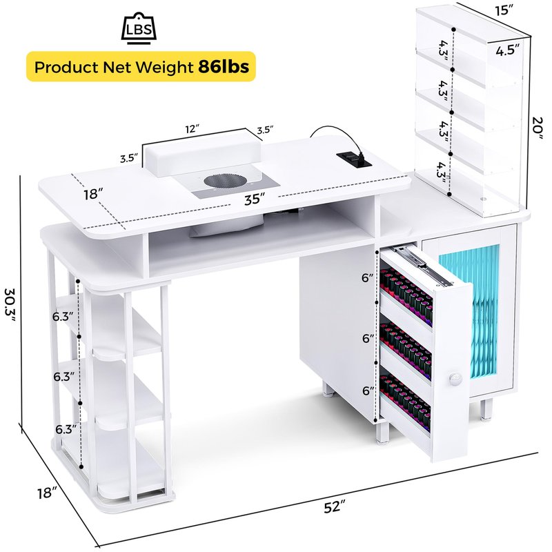 Kikihouse Manicure Table with LED Light, Nail Desk Nail Tech Table w/Dust Collector & Charging Station, Nail Station w/Removable Acrylic Storage Shelf, Drawers & Glass Door Cabinet, White