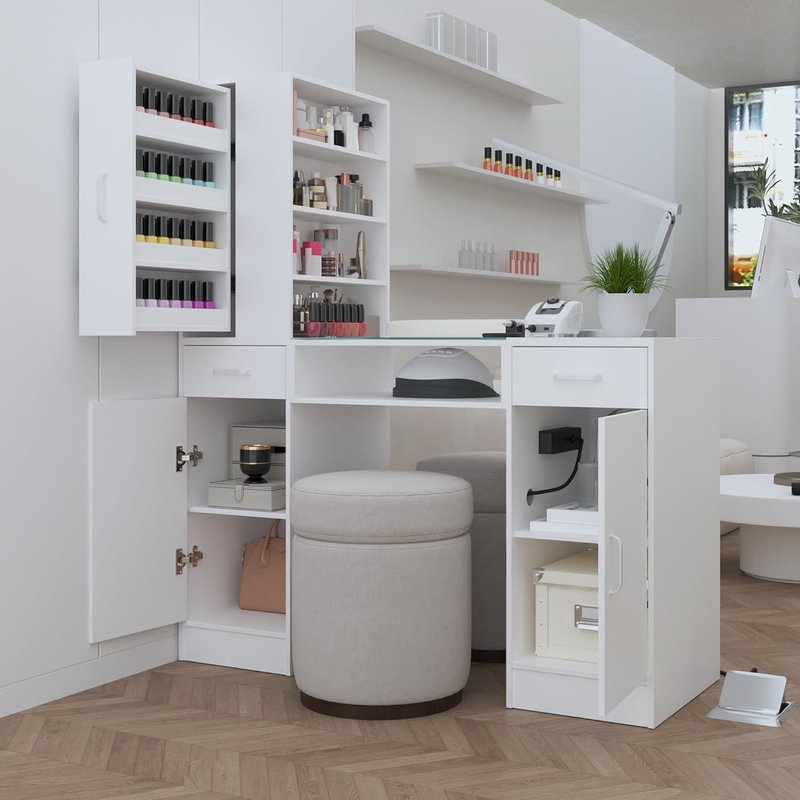 Nail Tech Manicure Table - Glass Top & Wrist Rest | Spacious Storage, Power Outlets, White