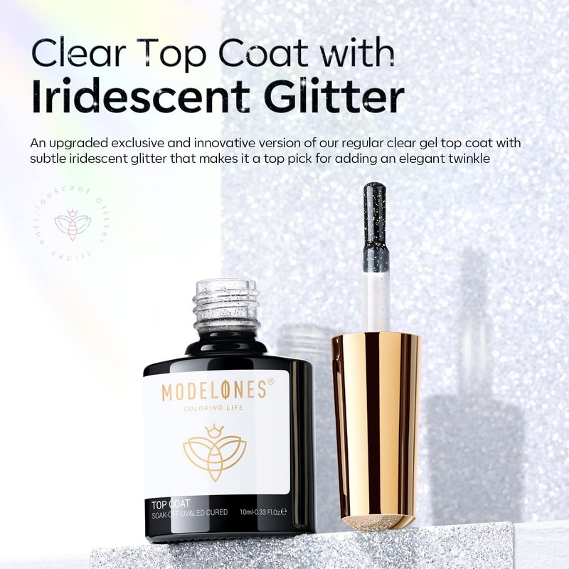 modelones Glitter Gel Top Coat, Reflective Iridescent Silver Mix Glitter Sparkle Clear Gel Polish No Wipe Glossy Confetti Sparkly Long Lasting Rainbow Shimmer Soak Off Nail Art Manicure Gift