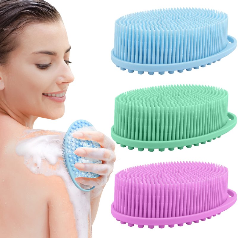PQRUU 3 Pack Silicone Body Scrubbers for Use in Shower, Exfoliating Body Scrubber Fit for All Kinds of Skin, Soft Silicone Loofah,Bath Scrubbers Rapid Foaming,Blue,Green,Purple