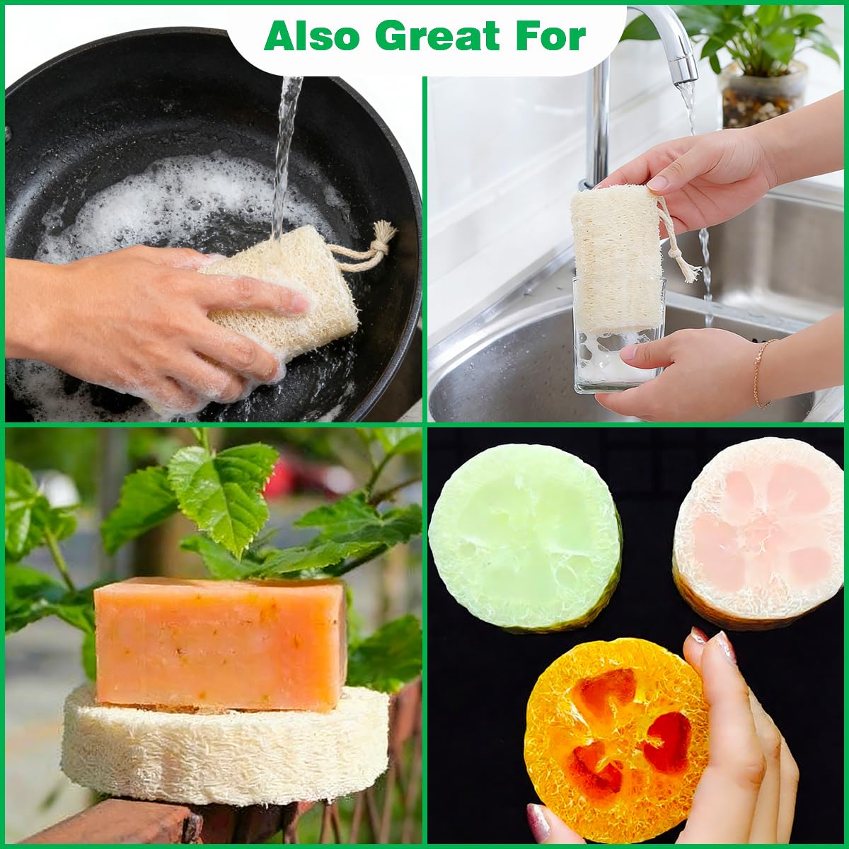 pisdoplop Natural Loofah Exfoliating Body Sponge Scrubber, Plant-Based Organic Loofa Luffa for Men & Women Skin Care Bath Shower Cleaning Back & Face, Natural Sponges for Dishes, Pack of 4