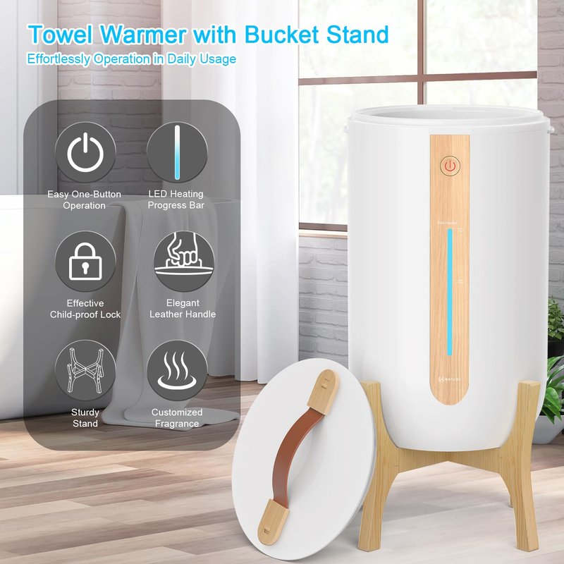 Keenray Towel Warmer for Bathroom, Towel Warmer Bucket with Heating Progress Bar, Fragrance Disc Holder, Leather Handle, Auto Shut-Off Towel Bucket Fits Up to Two 40" x 70" Towels, Blankets White
