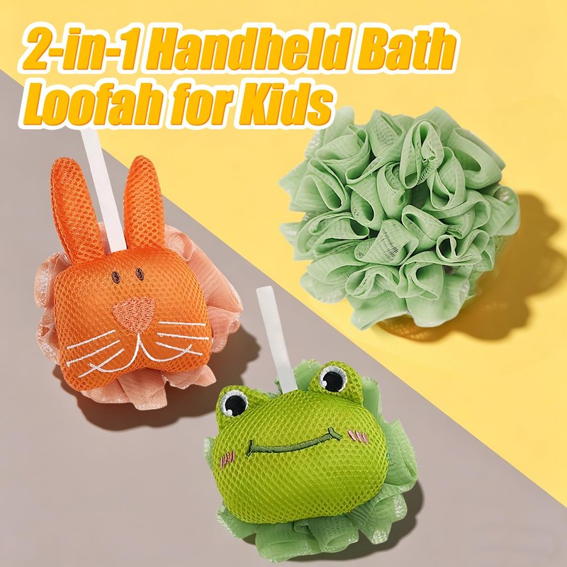 Kids Loofah, Cute Cartoon Animal Kids Bath Sponge with Hanging Rope, Soft Double Mesh for Rich Lather (Green Frog)