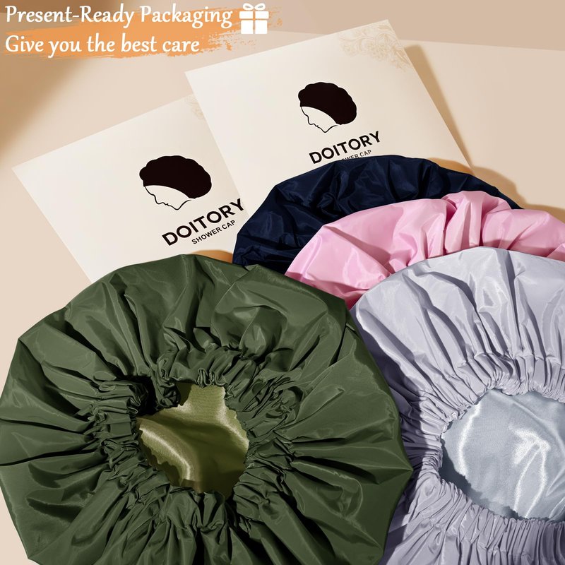 Doitory Shower Cap for Women, Reusable Waterproof Shower Cap Satin Lined with Soft Elastic Band, Large Washable Bath Caps(Pink)