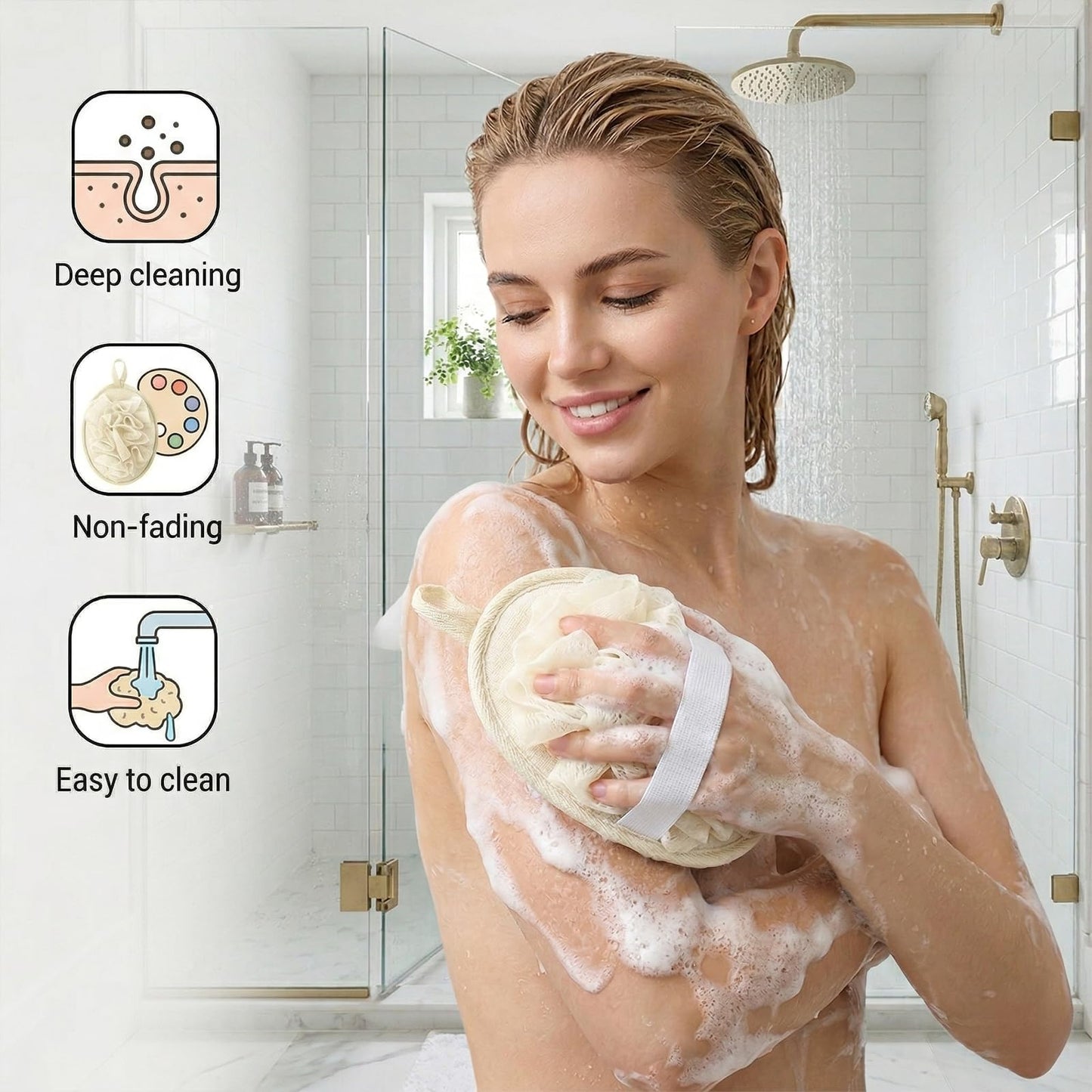 Dplolng 3 Pcs Loofah Sponge Shower Loofahs Travel Bath Sponge Mesh Balls Mini Loofah Travel Size with Elastic Hand Strap for Women Men Body Scrubber Wash Back Scrubber(Pink, Blue,Beige)