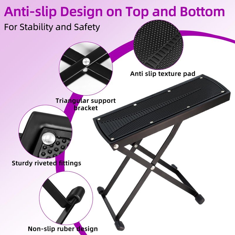 Pedicure Foot Rest, 6 Heights Adjustable Foot Stool, Metal Foldable Non-Slip Stand for Home and Salon Use Pedicure Station, Ideal Pedi Stool for Nail Tech or Guitar Foot Stool Black