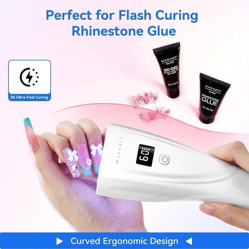 Makartt Portable Cordless UV LED Nail Lamp - 222 mW/cm² Mini Dryer for Rhinestone Glue & Poly Nail Gel | Rechargeable with LCD Display & Smart Sensor