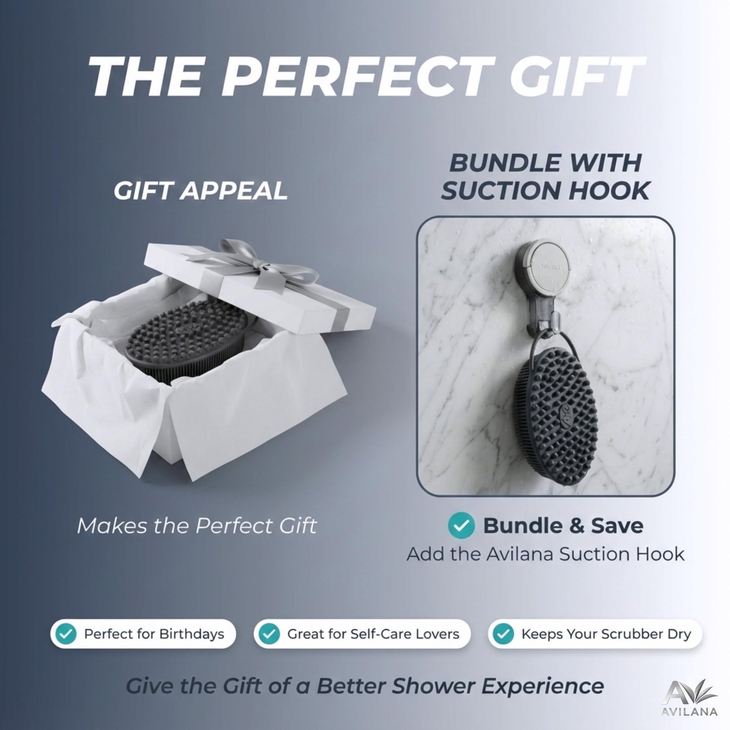 Avilana Premium Silicone Body Scrubber - Trusted Since 2017 - SGS Certified Food Grade Dual Sided Bath Brush, Quick-Dry Exfoliating Loofah Alternative, Massage Brush Sensitive Skin Women Men