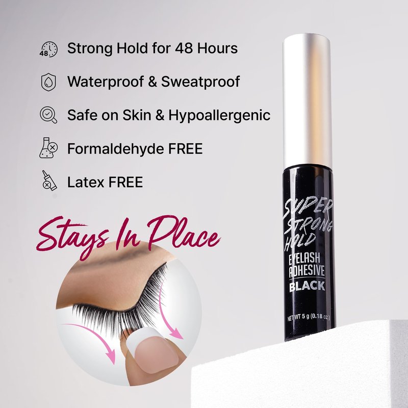 i•ENVY Super Strong Hold Eyelash Adhesive, Waterproof, 48-Hour Long-Lasting Lash Glue, Latex-Free, Hypoallergenic, Quick-Drying with Brush-On Applicator for Strip Lashes (Black, 1 Pack)