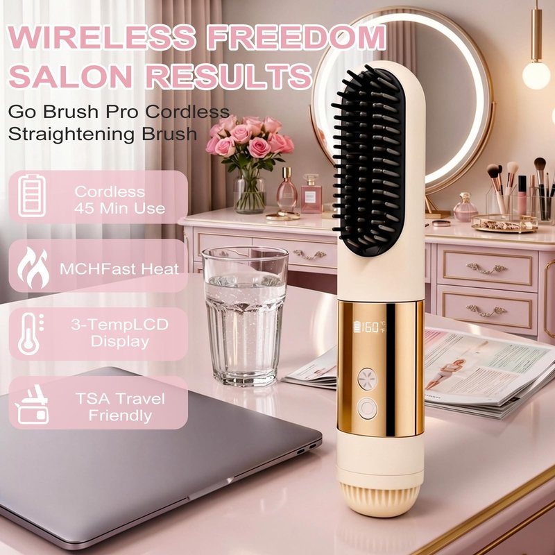 2026 New Go Brush Pro - 3 Temps Portable Cordless Hair Straightener Brush for Travel, 30s Fast Heat & Led Digital Display(°C/°F), Cool Air Setting On the Back (Beige)