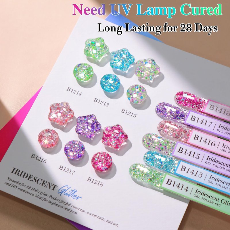 Double Rhythm Glitter Gel Polish Set of 6 Color with Display Borad 15 ml Full Size Cat Eye Magnetic Gel Nail Kit Shimmer Soak Off Manicure Salon DIY at Home (Iridescent Pink Red Rose Blue- T6-97)