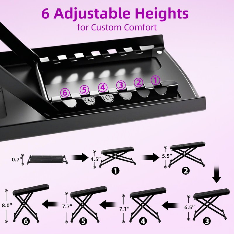 Pedicure Foot Rest, 6 Heights Adjustable Foot Stool, Metal Foldable Non-Slip Stand for Home and Salon Use Pedicure Station, Ideal Pedi Stool for Nail Tech or Guitar Foot Stool Black