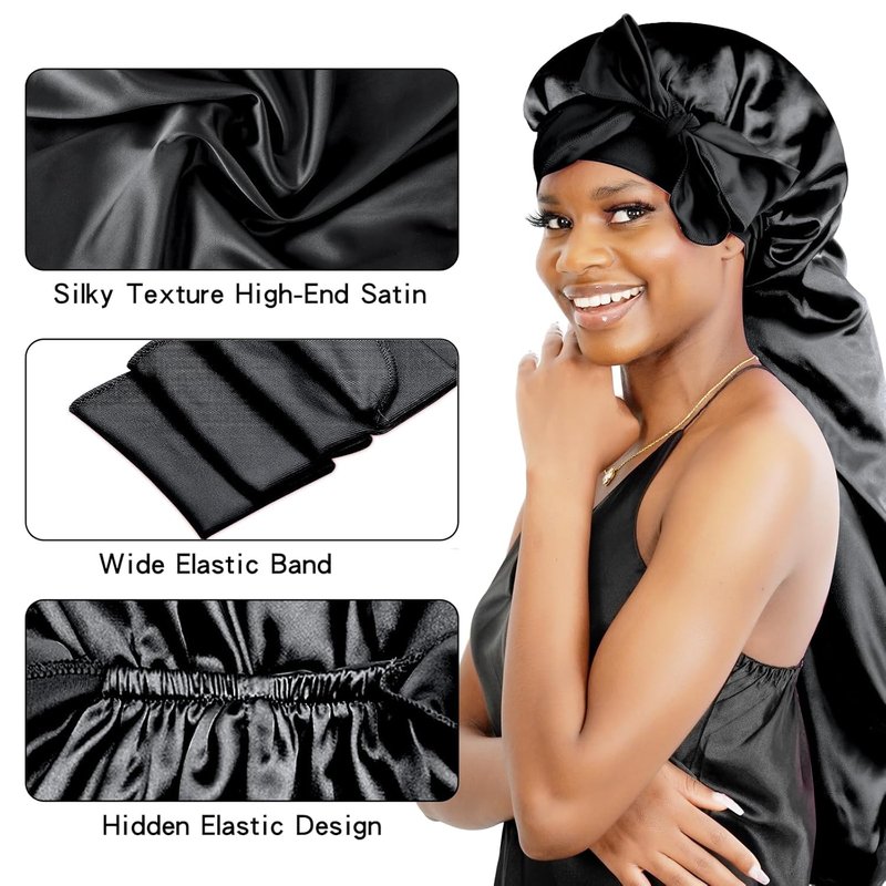 BONNET QUEEN Braid Bonnet Silk Bonnet Foldable Extra Long Wrap for Braids Satin Bonnets with Tie Band Long Sleep Cap, Black