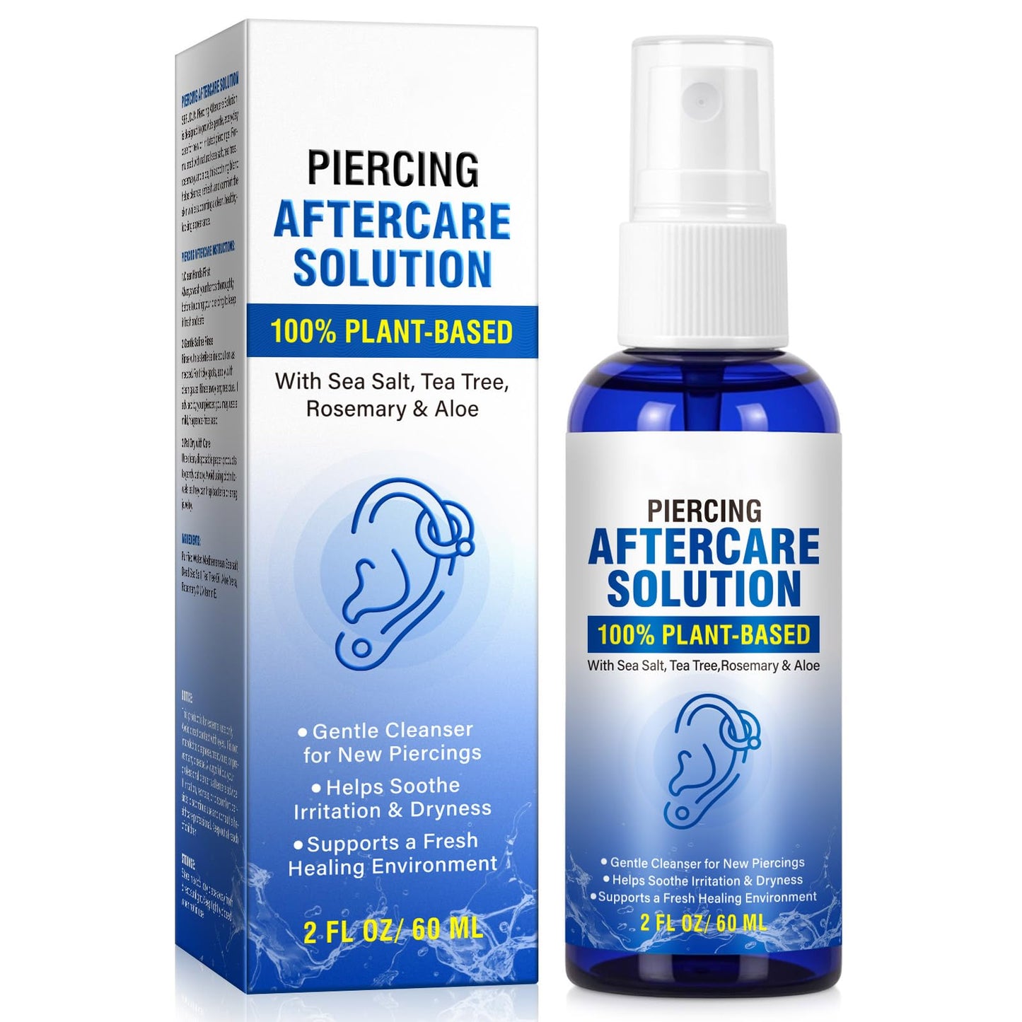 Piercing Aftercare Spray, Saline Spray for Piercings, Saline Solution for Ear, Nose, Navel & Body Piercing Cleaner & Soothing, 60ML