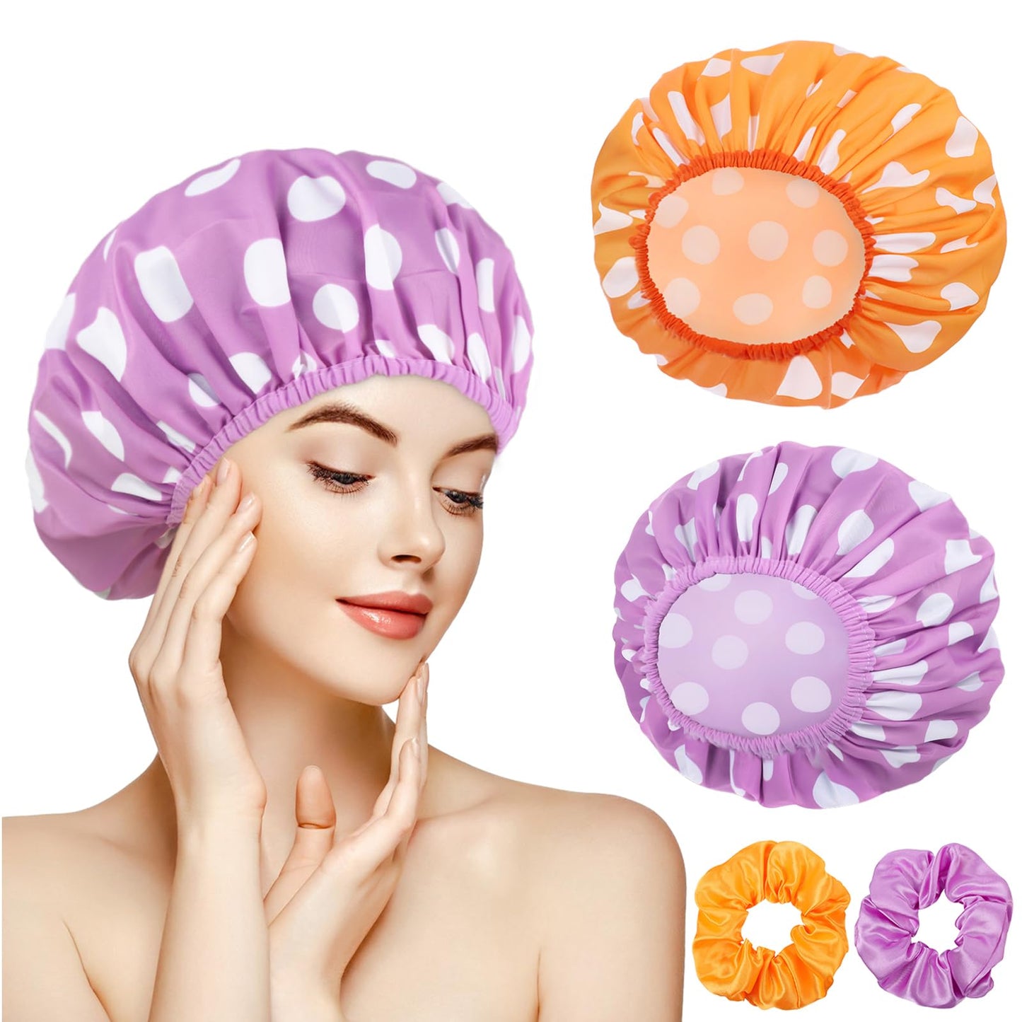 WSICSE 2 Packs Large Shower Caps for Women, Reusable Waterproof Shower Cap Bath Caps with Hair Scrunchies for Long Thick Hair (Purple/Orange)