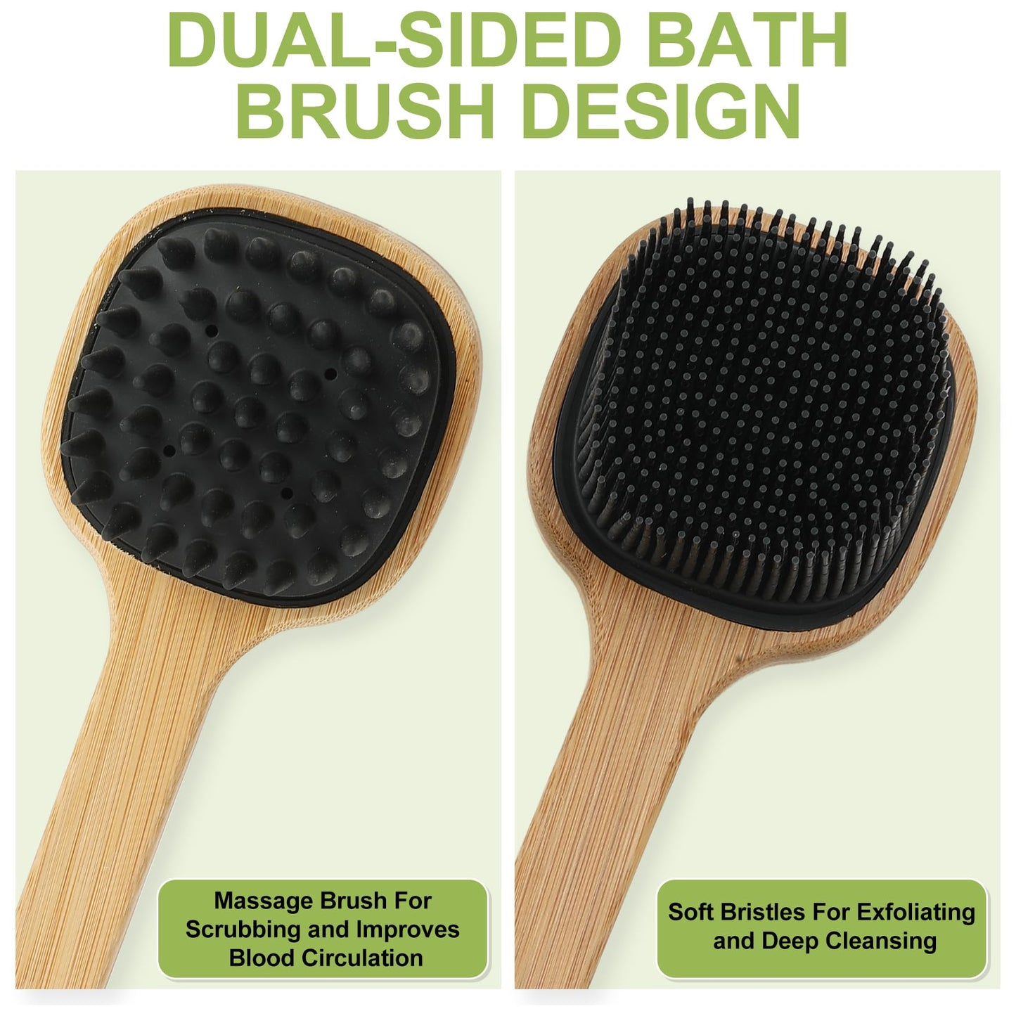 Silicone Back Scrubber for Shower, 2 PCS Silicone Bath Body Brush Loofah with Long Handle, Dual-Sided Shower Brush for Body, Exfoliating Body Scrubber Back Washer for Men Women(Lake Blue +Black)